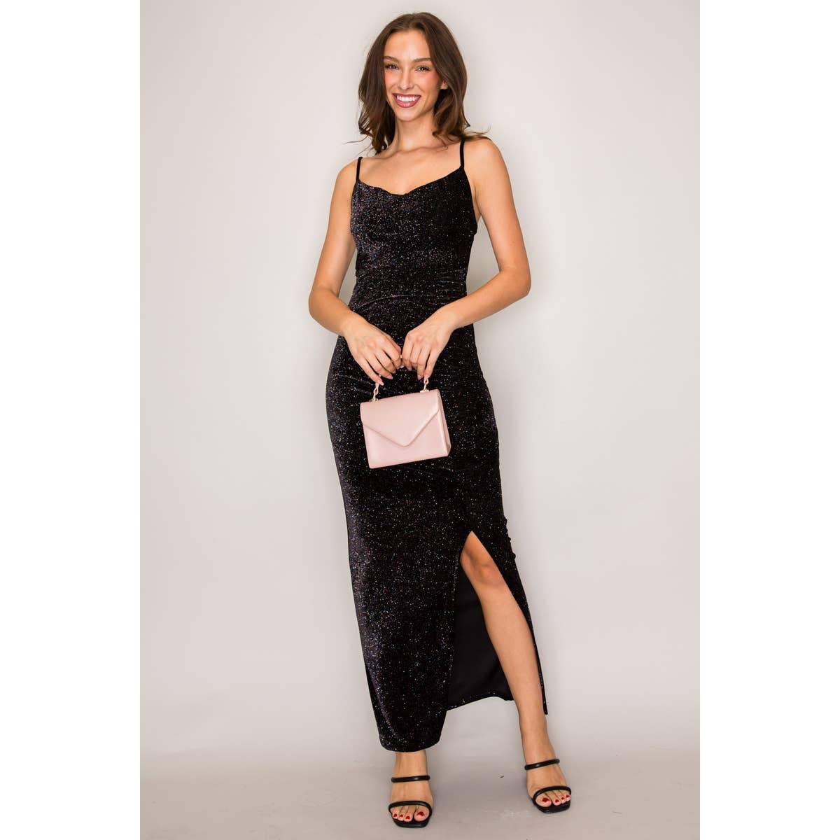 Glitter Velvet Cowl Neck Maxi Dress: Black