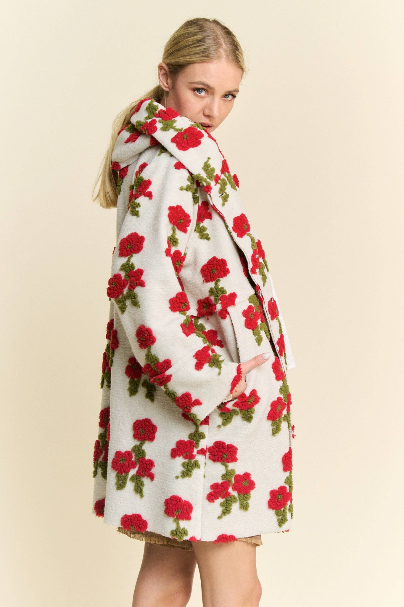 FLORAL POCKET CHUNKY BUTTON FRONT HOODIE JACKET