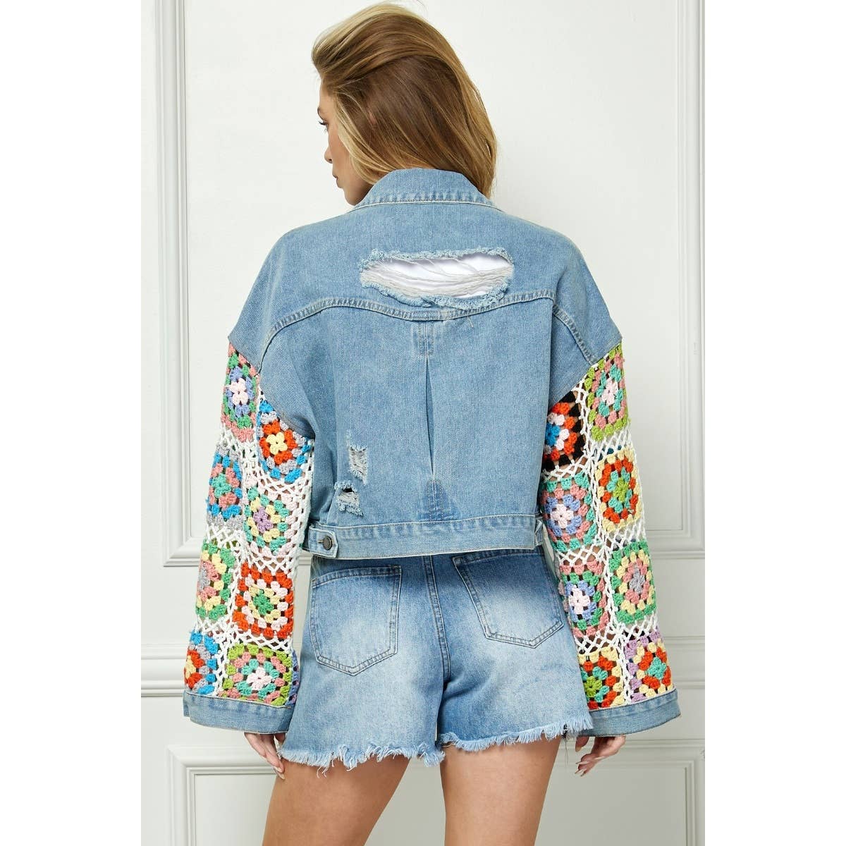 Crochet Contrast Sleeve and Pocket Denim Jacket: Med Wash