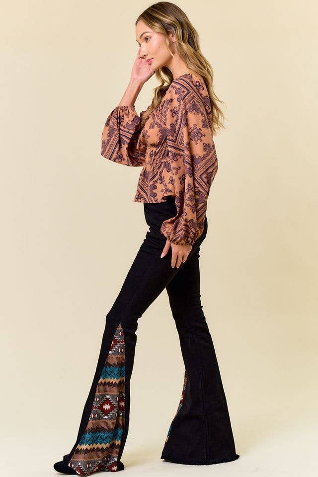 SIP6106O FLARE BLACK DENIM WITH INSERT PRINT CONTRAST