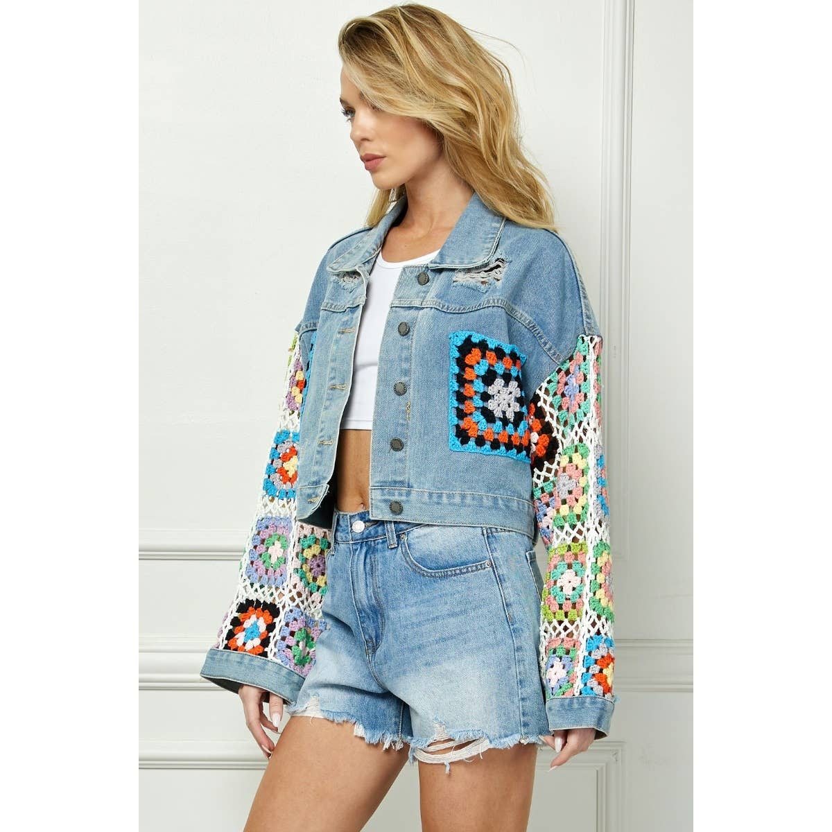 Crochet Contrast Sleeve and Pocket Denim Jacket: Med Wash