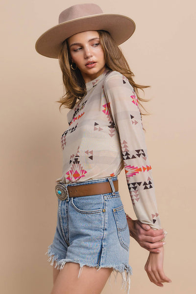 T1502-5273-Western Aztec Print Mesh Mock Neck Top: WESTERN PRINT