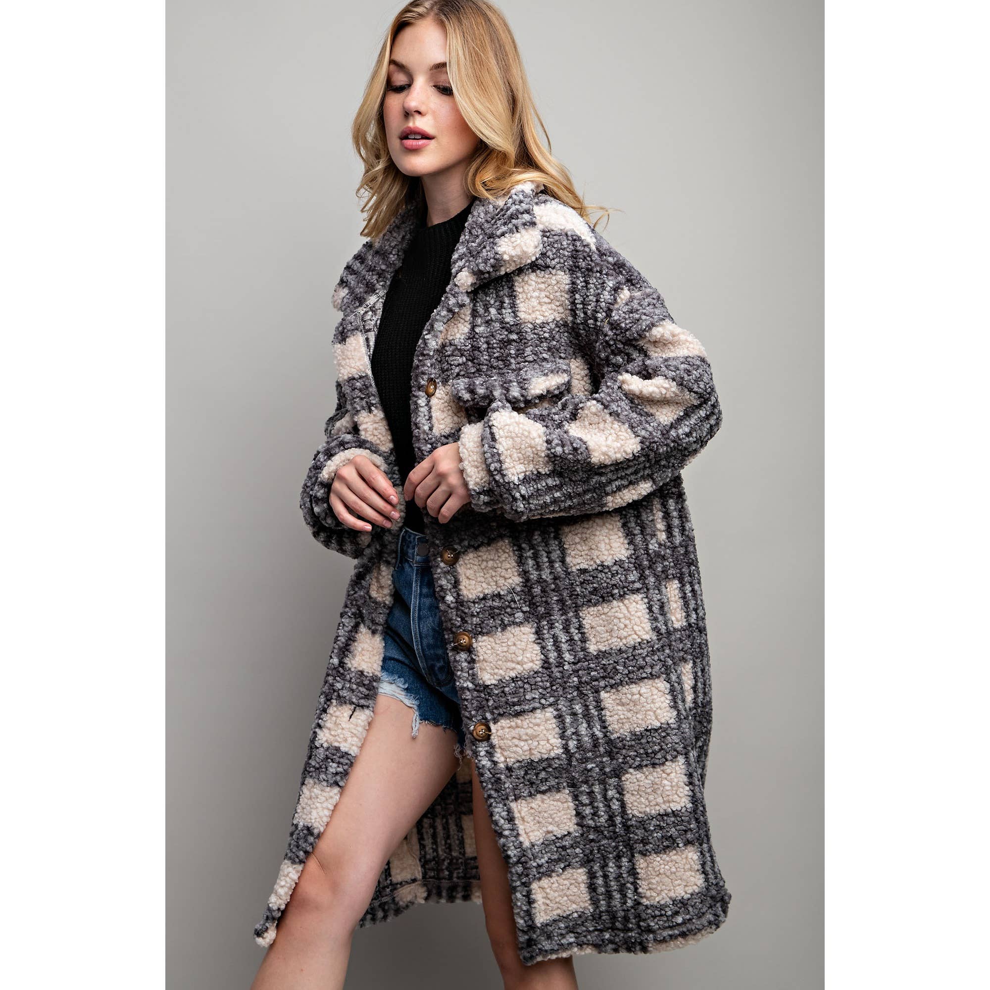 PLAID TEDDY OVERSIZE JACKET:Navy