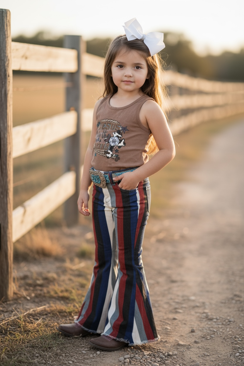 Multi-color stripe printed bootcut denim pants. PNG65153068