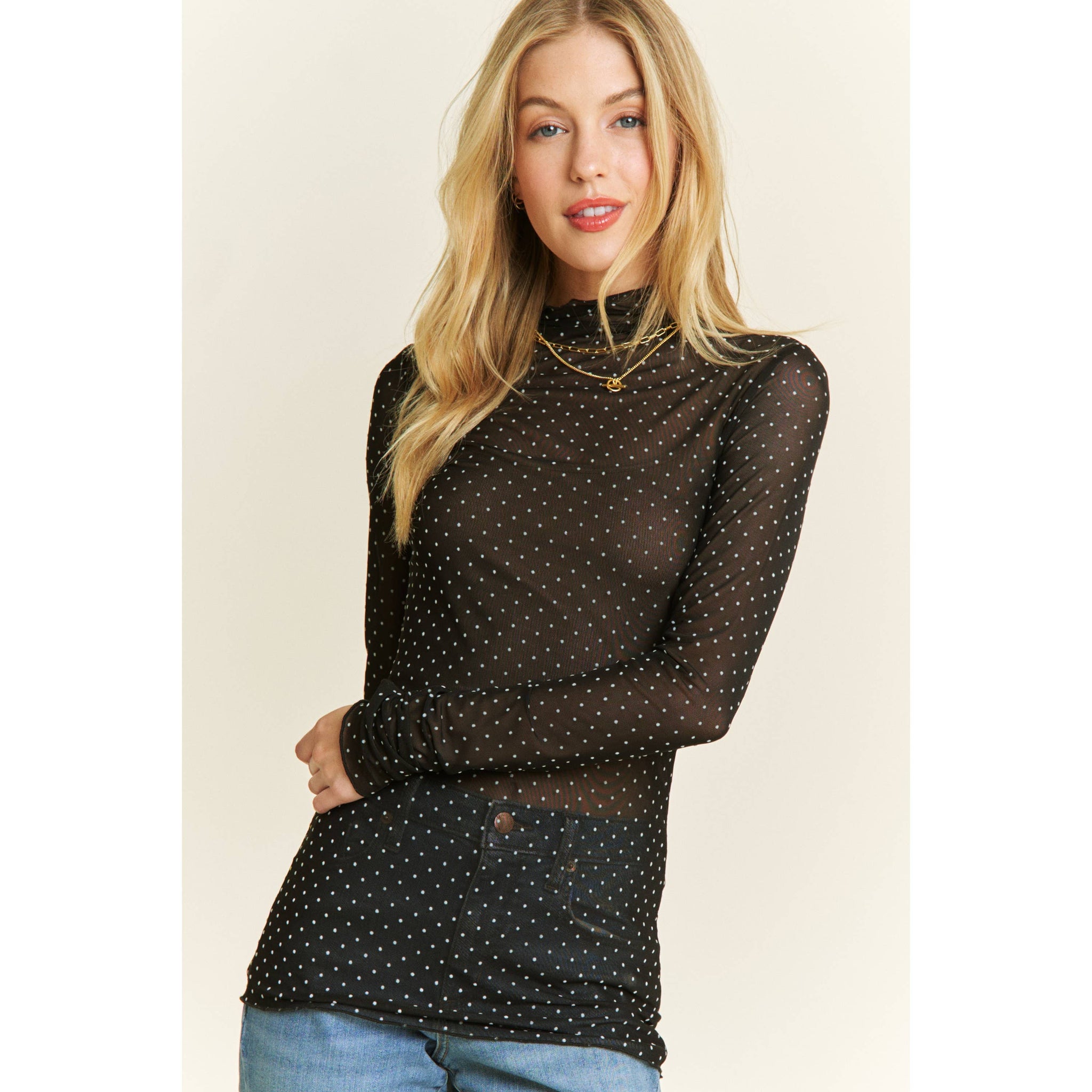 POLKA-DOT MESH LONG SLEEVE TOP: Black