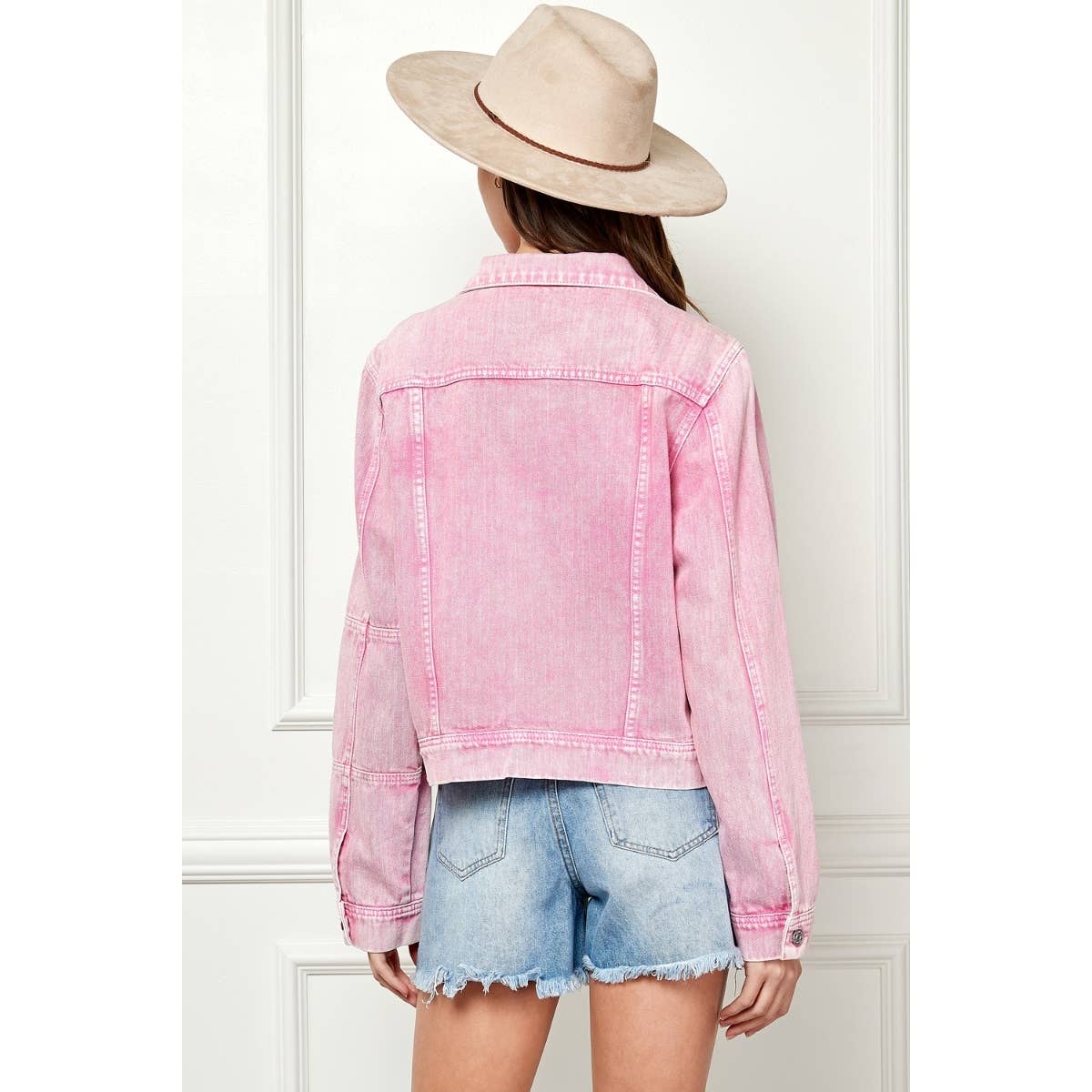 Cropped Denim Jacket with Asymmetric Seam: Pink