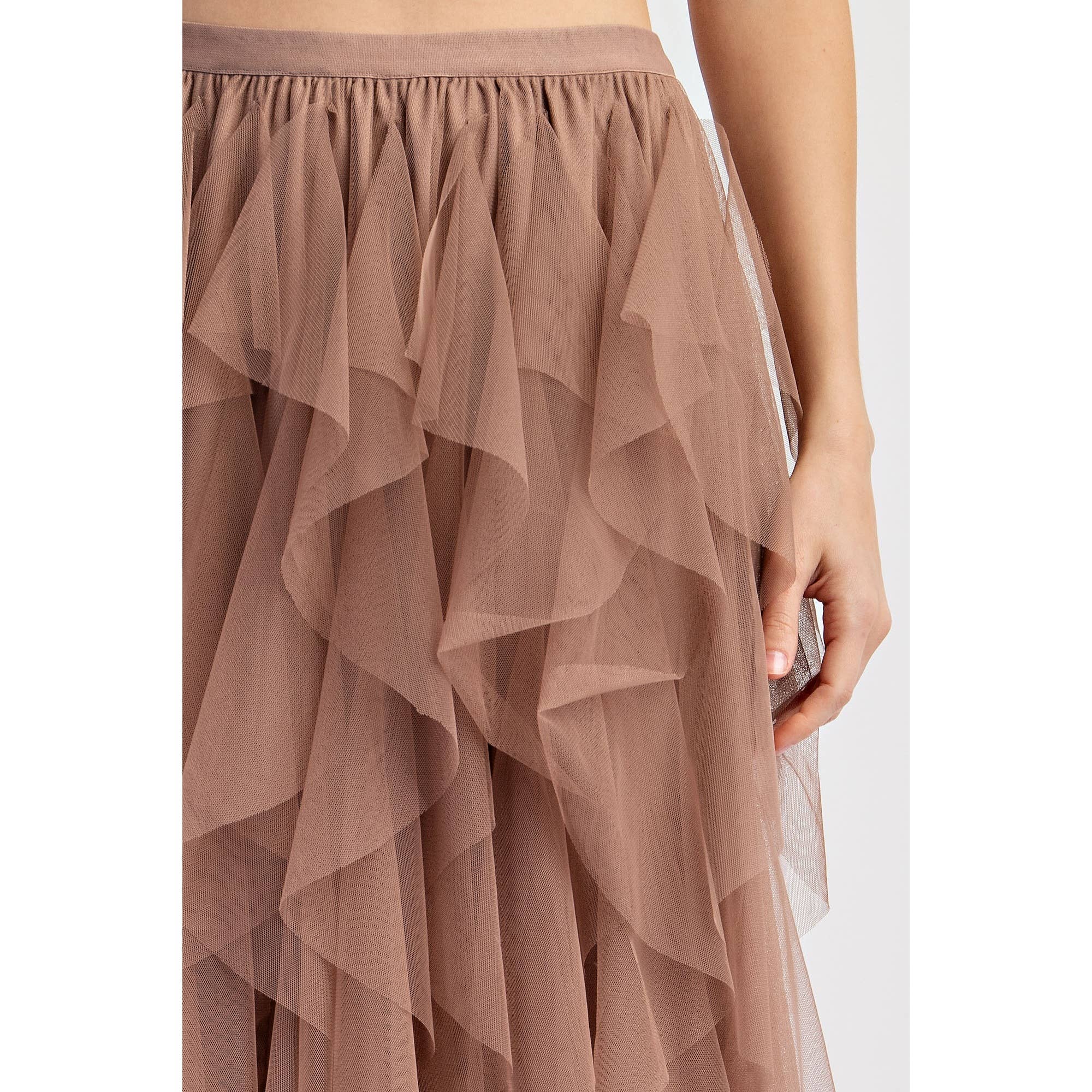 CASCADING TULLE MESH LAYERED MAX SKIRT: Mocha