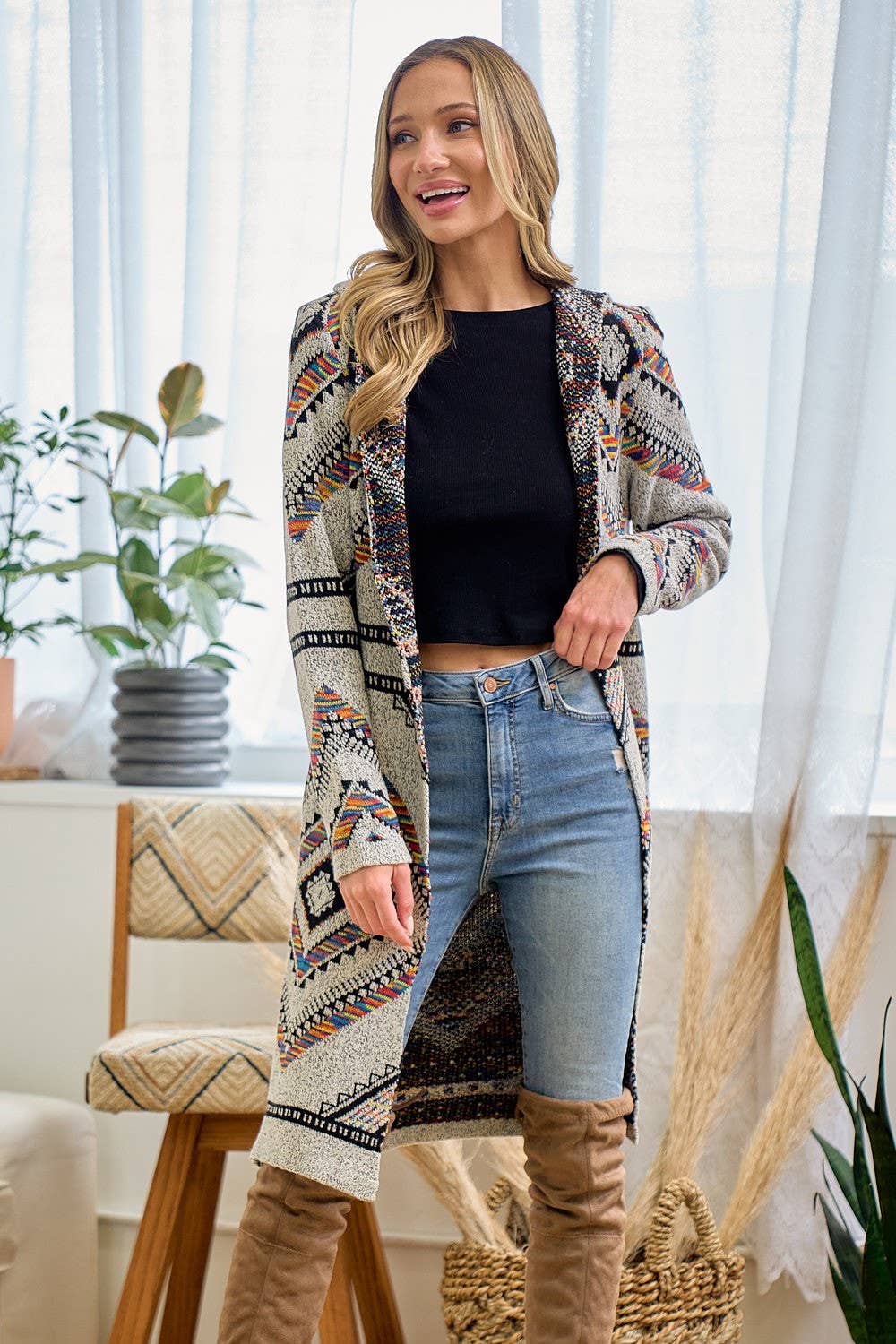 Rainbow Multi Diamond Long Sleeve Long Cardigan WITH HOOD