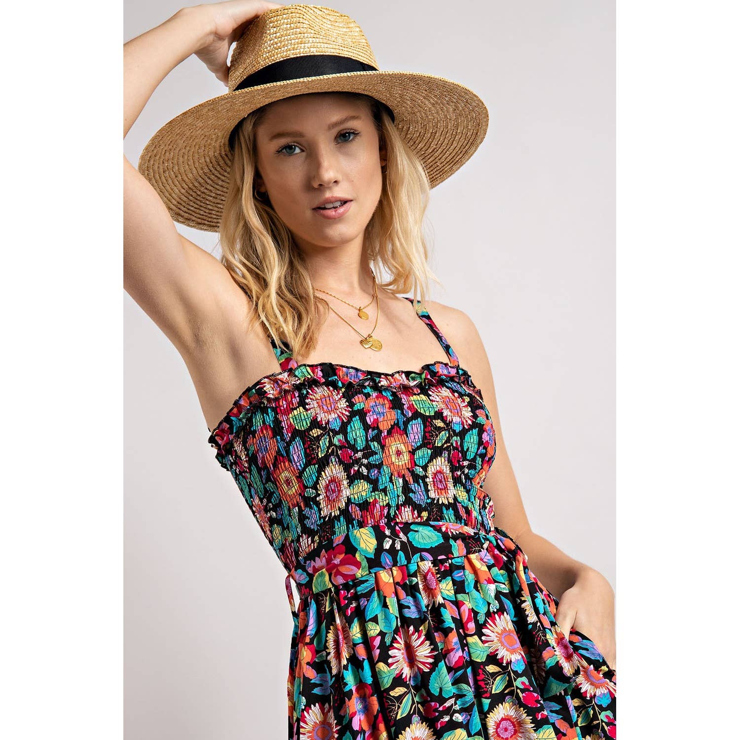 FLOWER PRINT SMOCKING DRESS: Black Combo