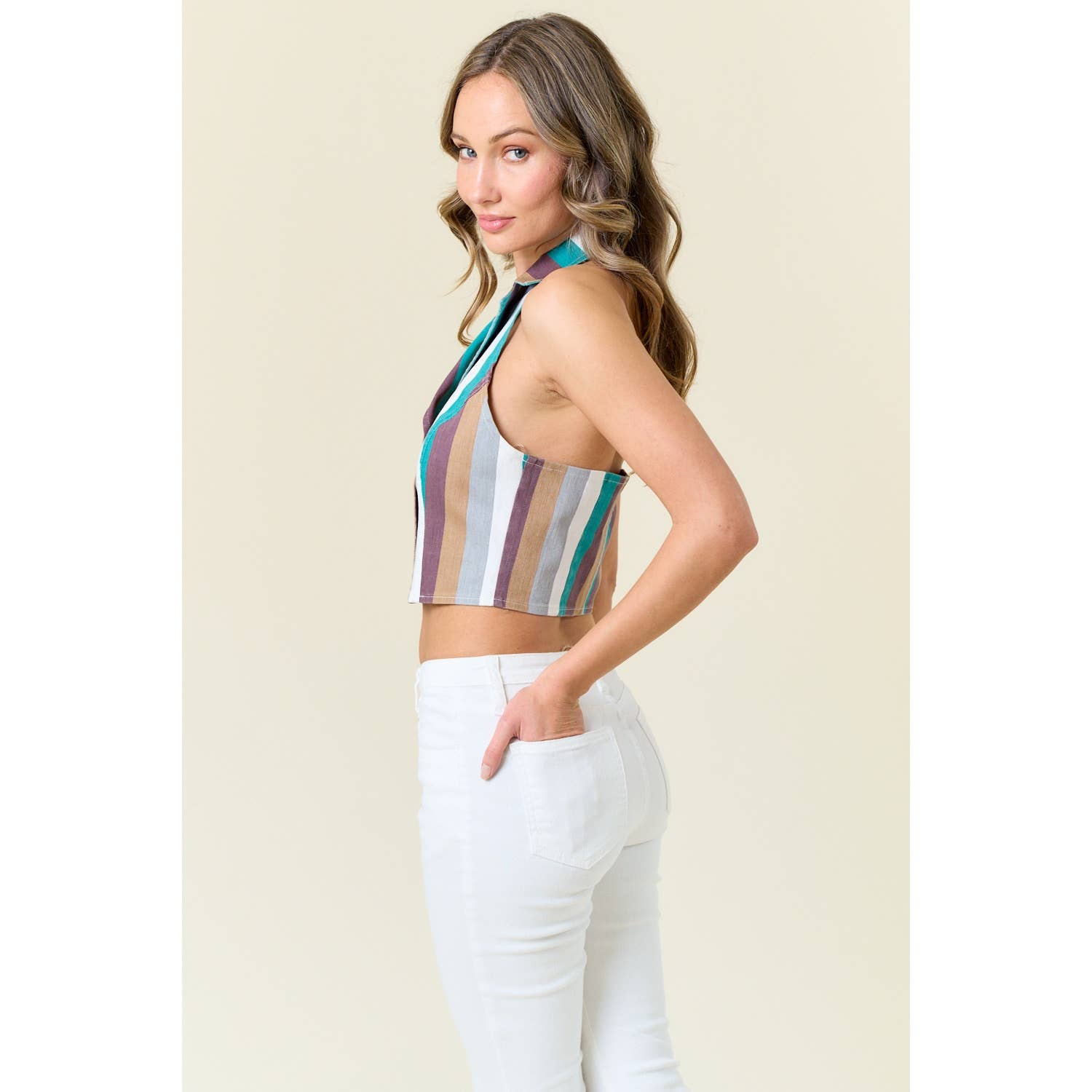STRIPE PRINT DENIM HALTER NECK VEST: TURQUOISE MULTI