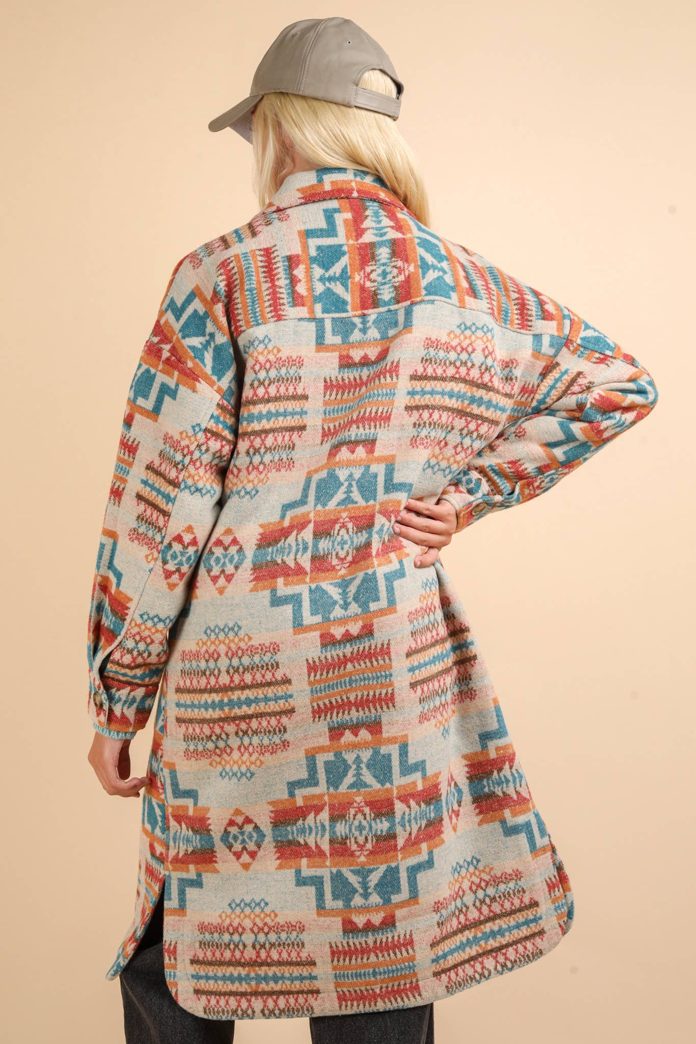 Aztec & Plaid Printed Shacket Jacket Coat: TEAL MIX