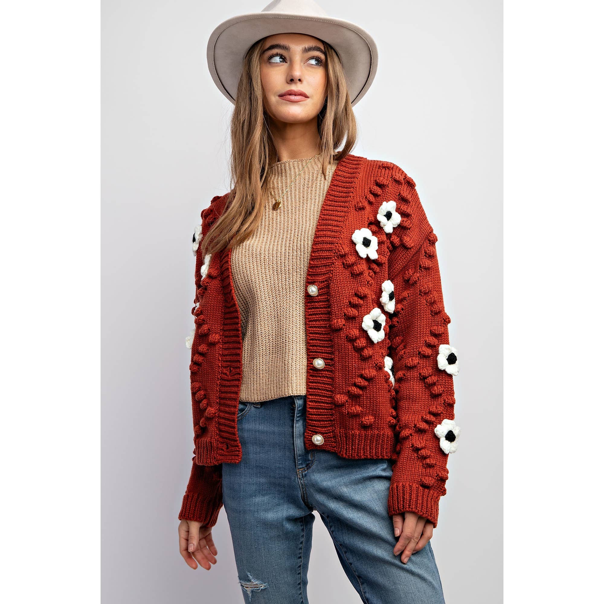 3D FLOWER KNITTING CARDIGAN: Brick