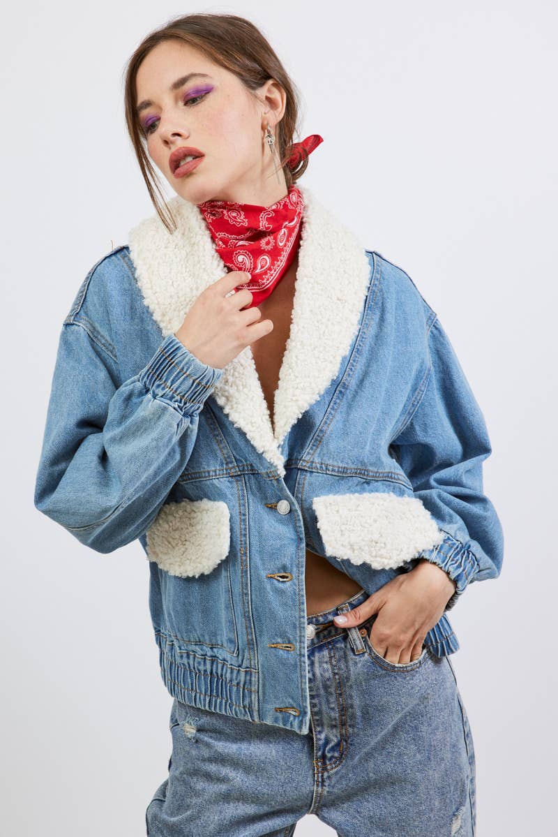 SHAWL COLLAR DENIM JACKET WITH FUR DETAIL S5778A: MEDIUM DENIM / MEDIUM