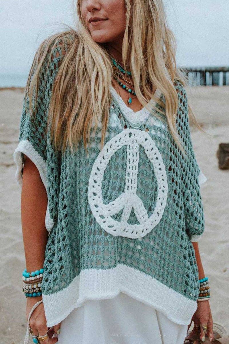 Peace Sign Knit Hooded Sweater: BLUE