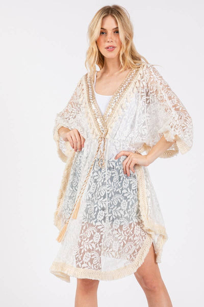 Sheer Floral Lace Tassel Trim Cover Up: WHITE