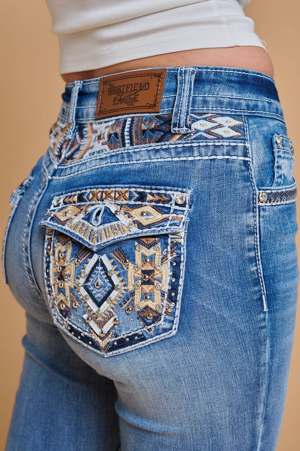 WT-731 BOOTCUT STRETCHY WOMEN'S BLING JEANS WESTFIELD EAGLE: MID SAND WASH