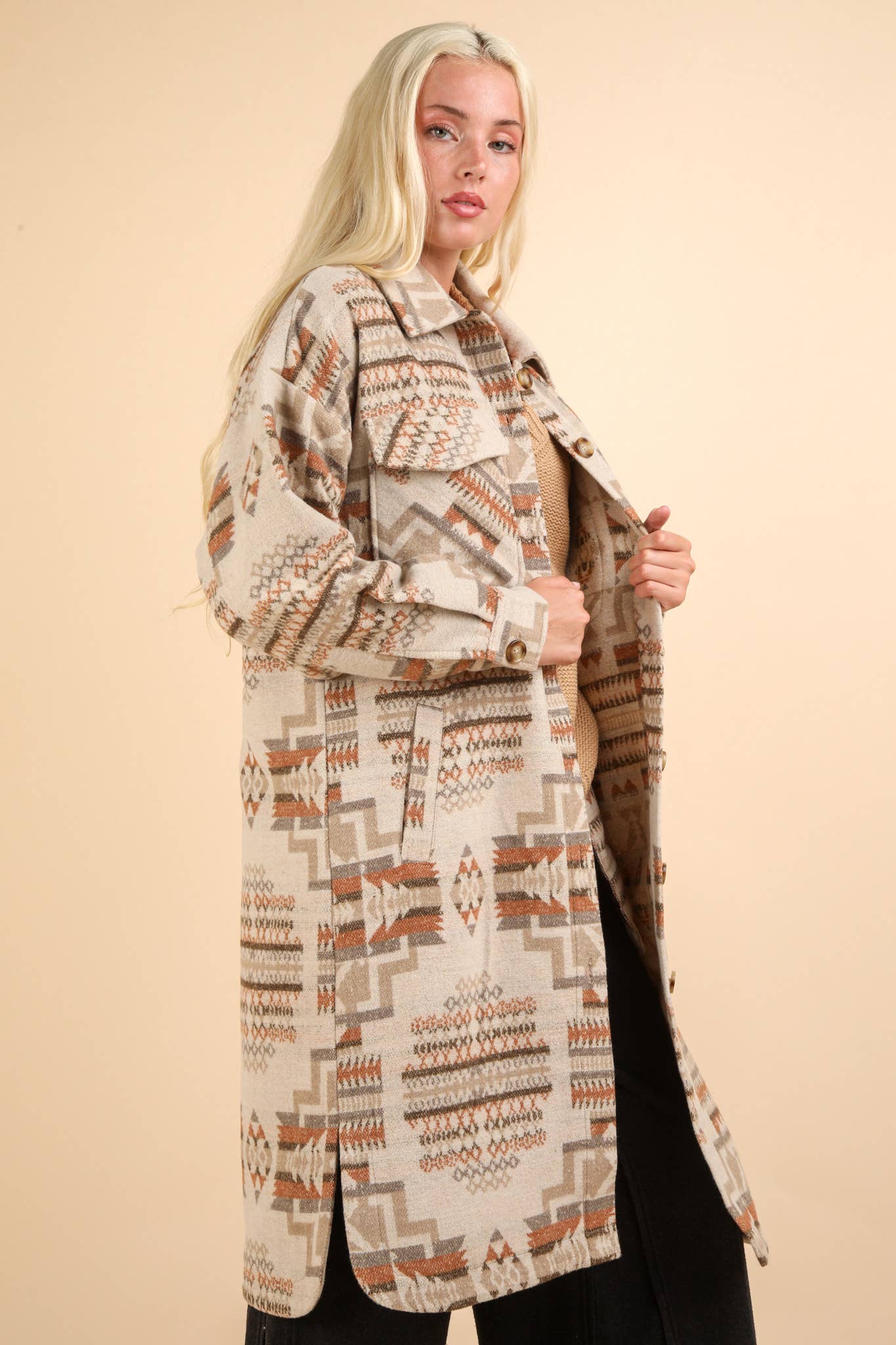 Aztec & Plaid Printed Shacket Jacket Coat: MOCHA MIX