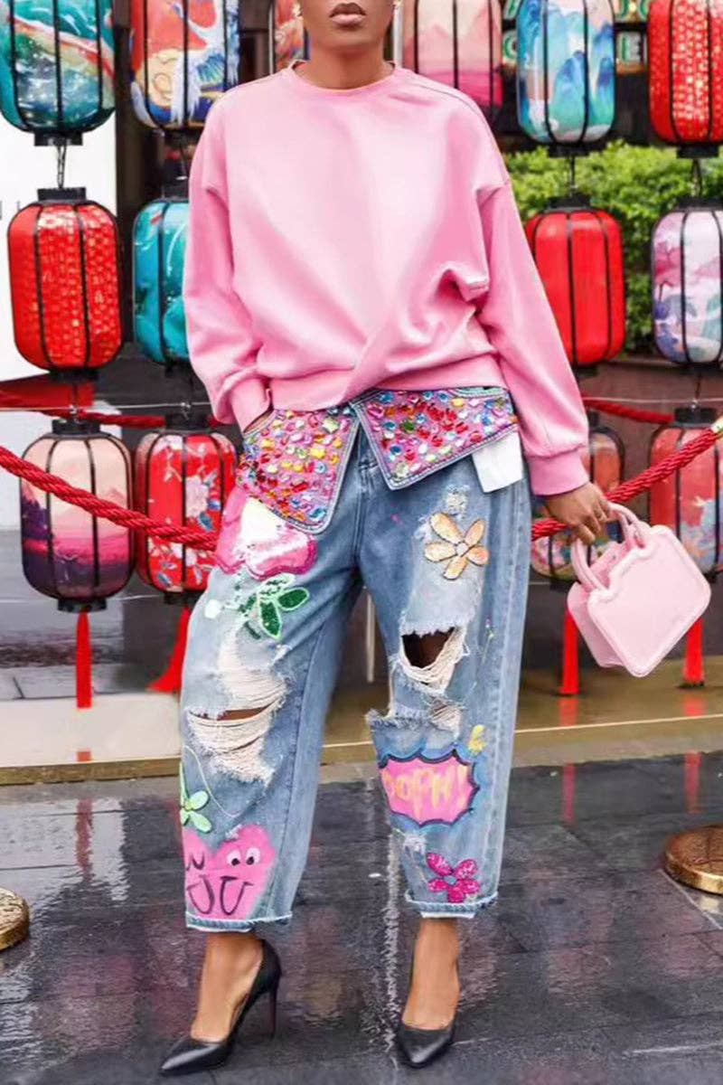 Embellished Wide-Leg Jeans: BLUE