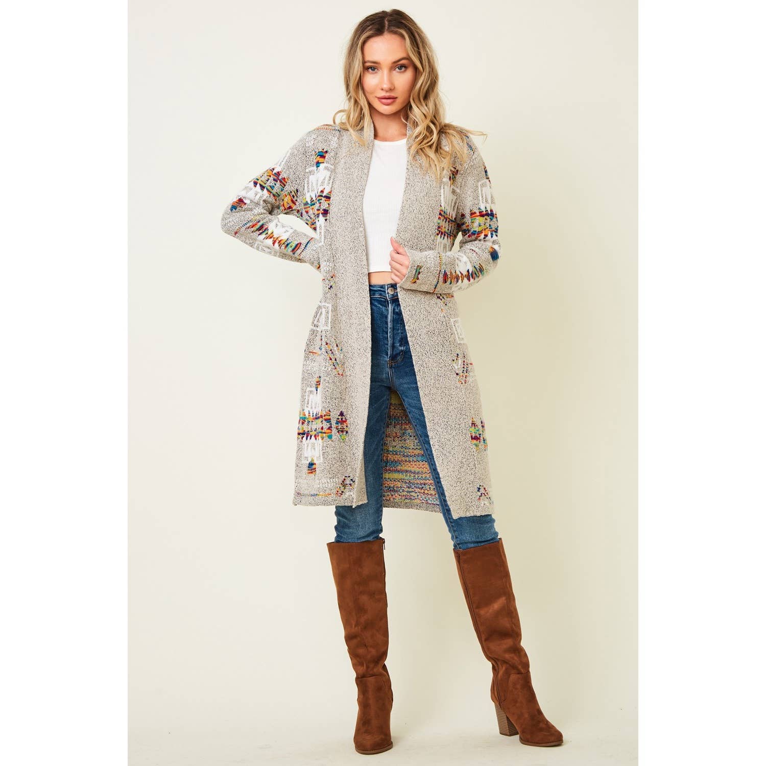 Print Long Sleeve Open Front Cardigan: