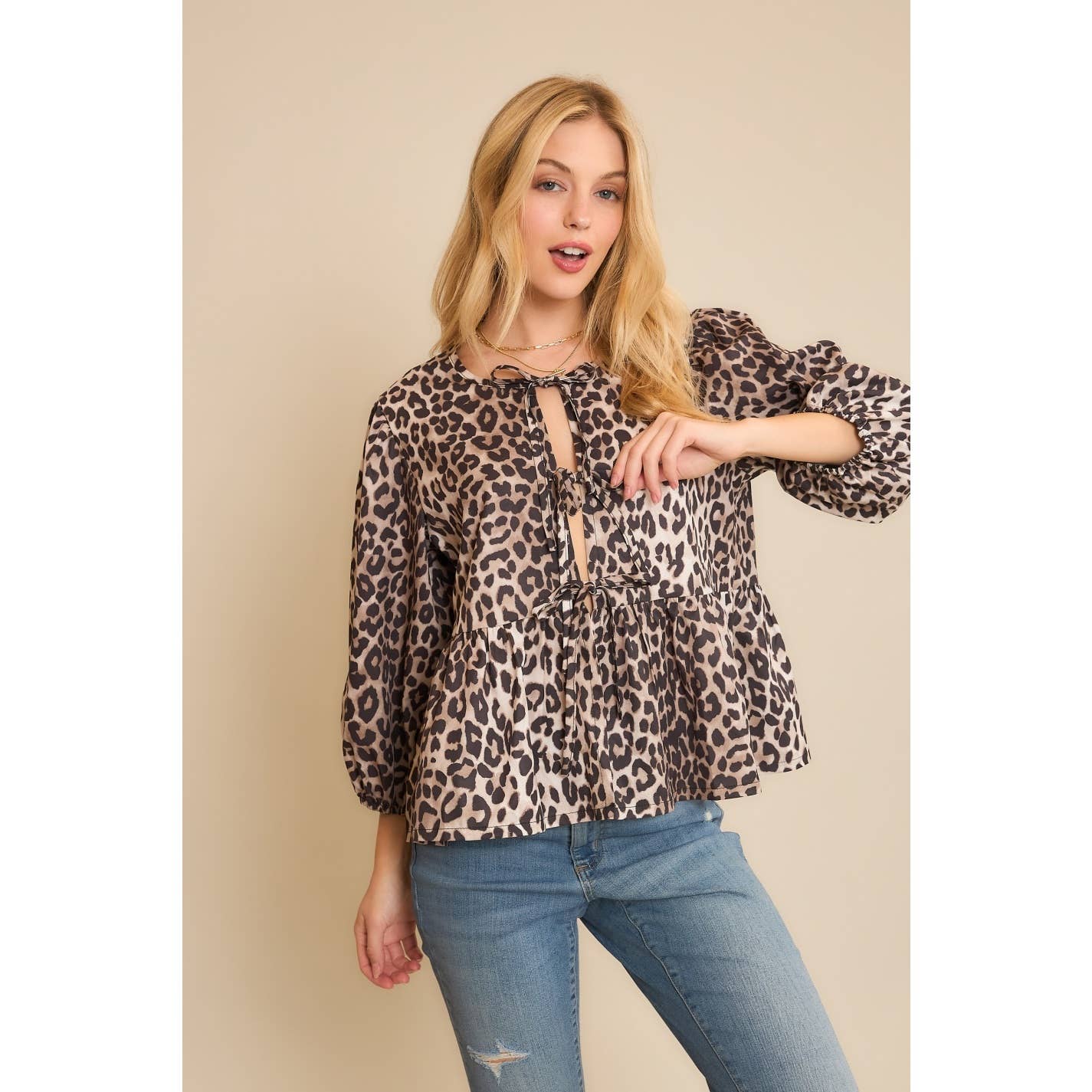 ANIMAL WOVEN PRINT OPEN FRONT BABYDOLL TOP BLOUSE WITH BOW D: Brown Multi
