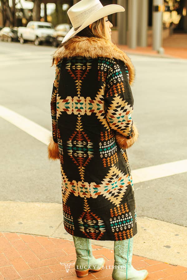 Black Aztec W Fur Collar And Sleeves Hem Long Coat