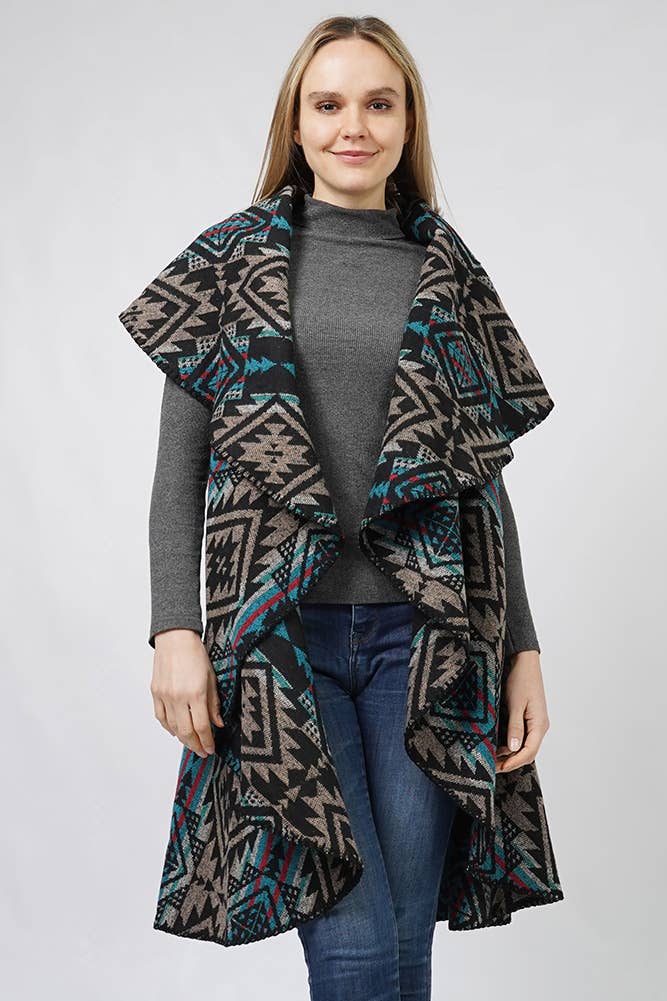 Aztec Reversible Round Shawl Vest: Taupe