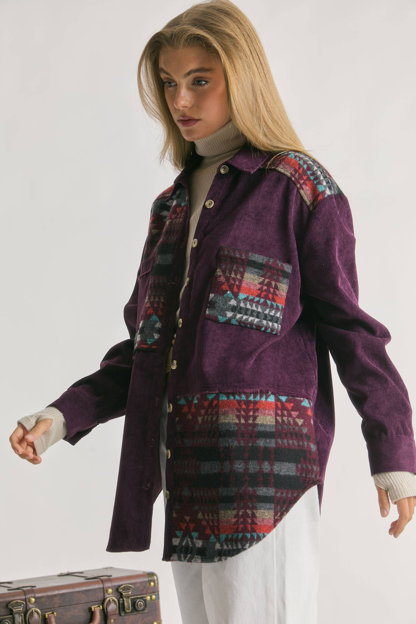 GEO JACQUARD WEAVING CONTRAST BUTTON FRONT SHIRT