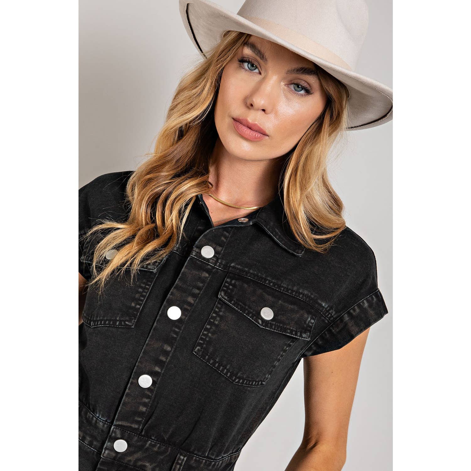 Denim Collared Button Down Romper - Black and White: Black