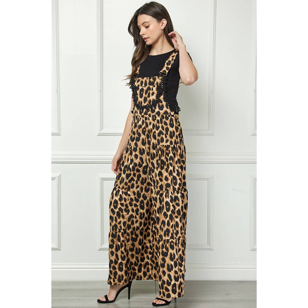 Embroidered Strap Flowy Jumpsuit: Leopard