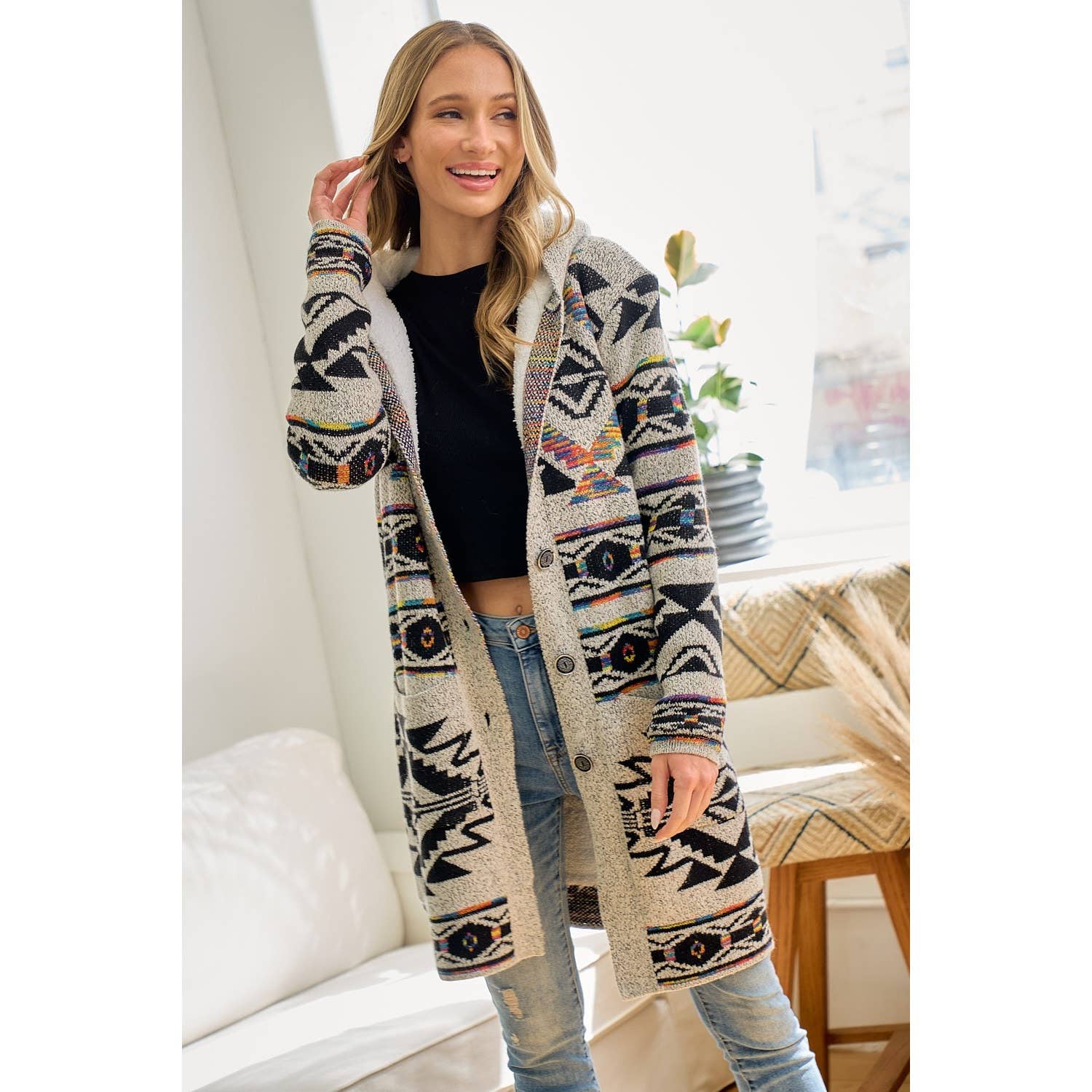 Rainbow Aztec Long Sleeve Hooded Sweater Cardigan: OATMEAL MULTI