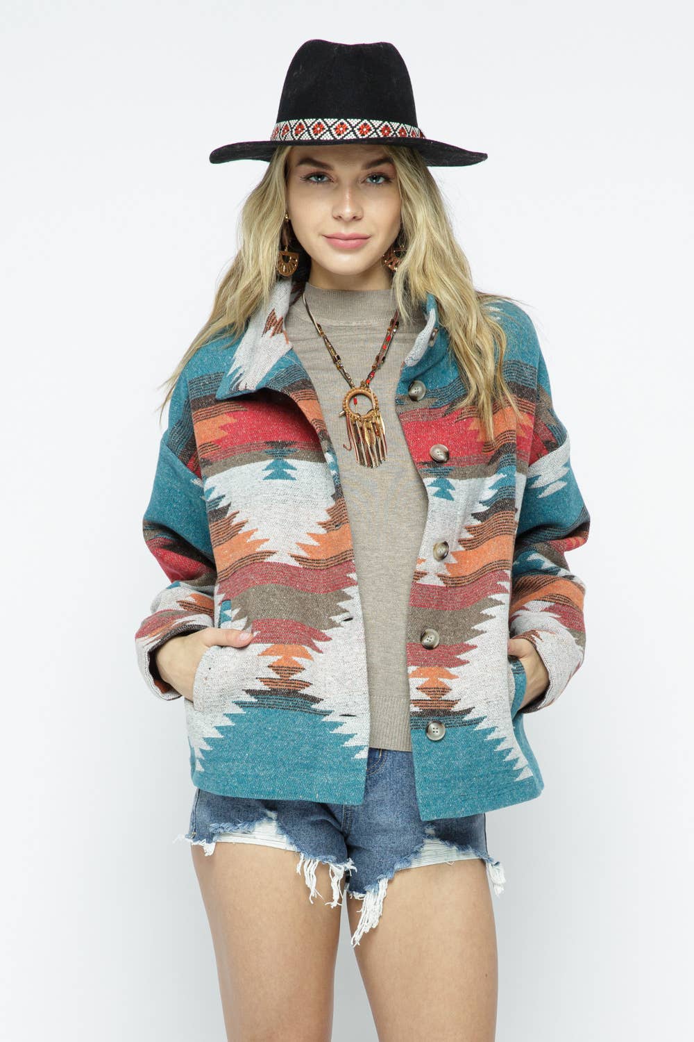 30012J - SOFT COMFY LIGHT WEIGHT AZTEC PATTERN JACKET:/ TEAL RED MIX