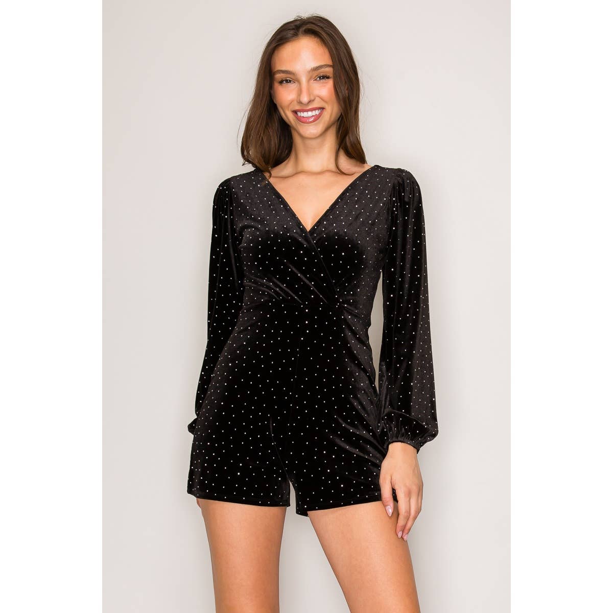 Studded Velvet Bubble Sleeve Romper: Black