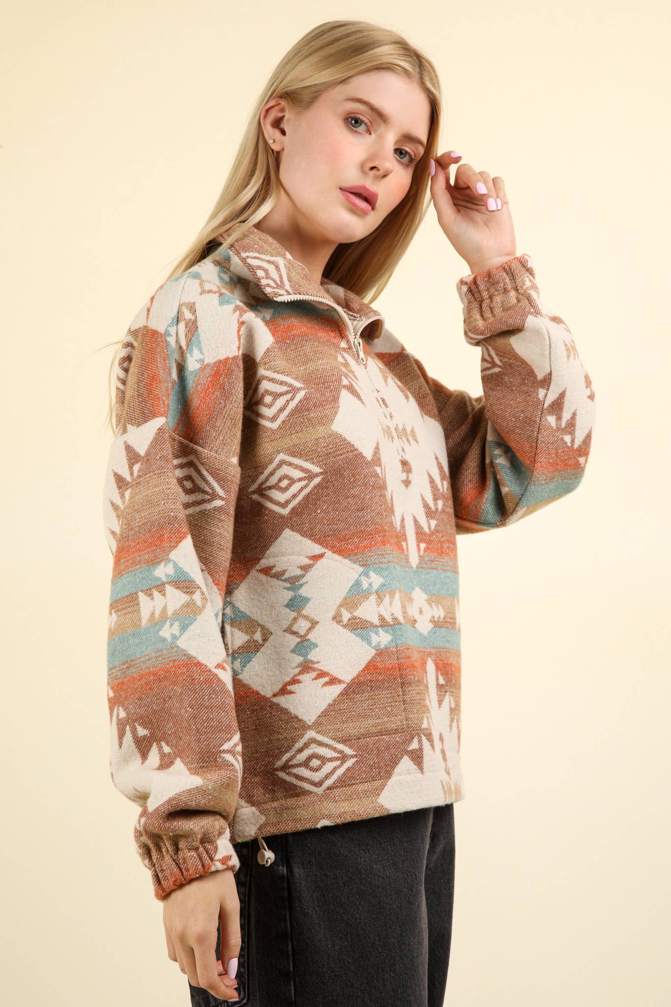 NT11854-Aztec Printed Henley Woven Pullover Top: CREAM MIX