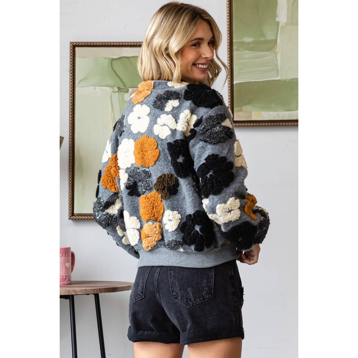 Felted Flower Puff Sleeve Button Jacket