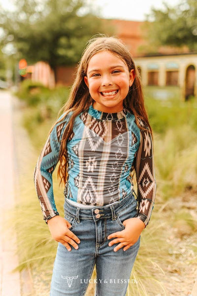 Girls Turquoise Black Aztec Printed Long Sleeve Mesh Top