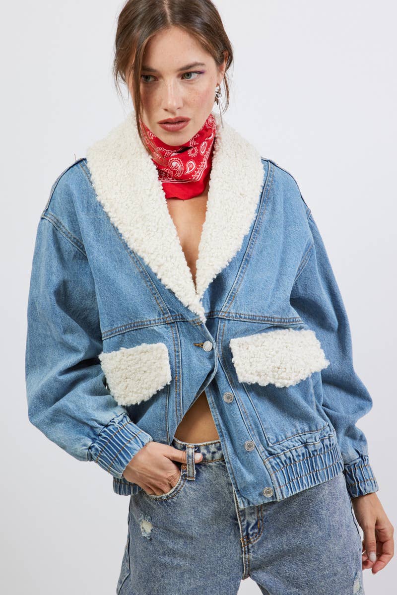 SHAWL COLLAR DENIM JACKET WITH FUR DETAIL S5778A: MEDIUM DENIM / MEDIUM