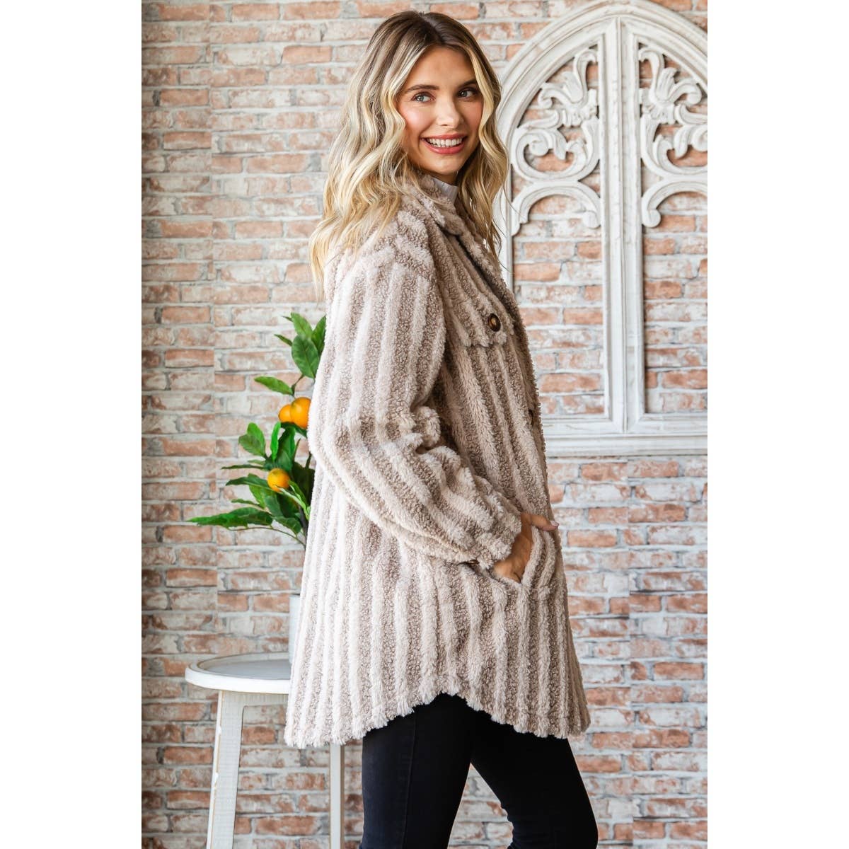 Stripe Sherpa Faux Fur Jacket: Taupe / L