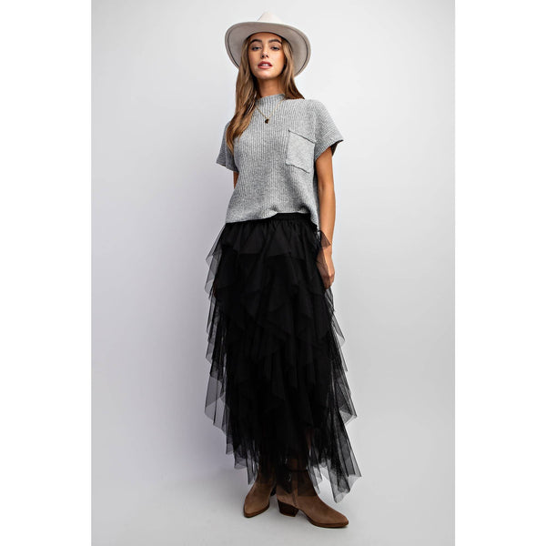 CASCADING TULLE MESH LAYERED MAX SKIRT: Black