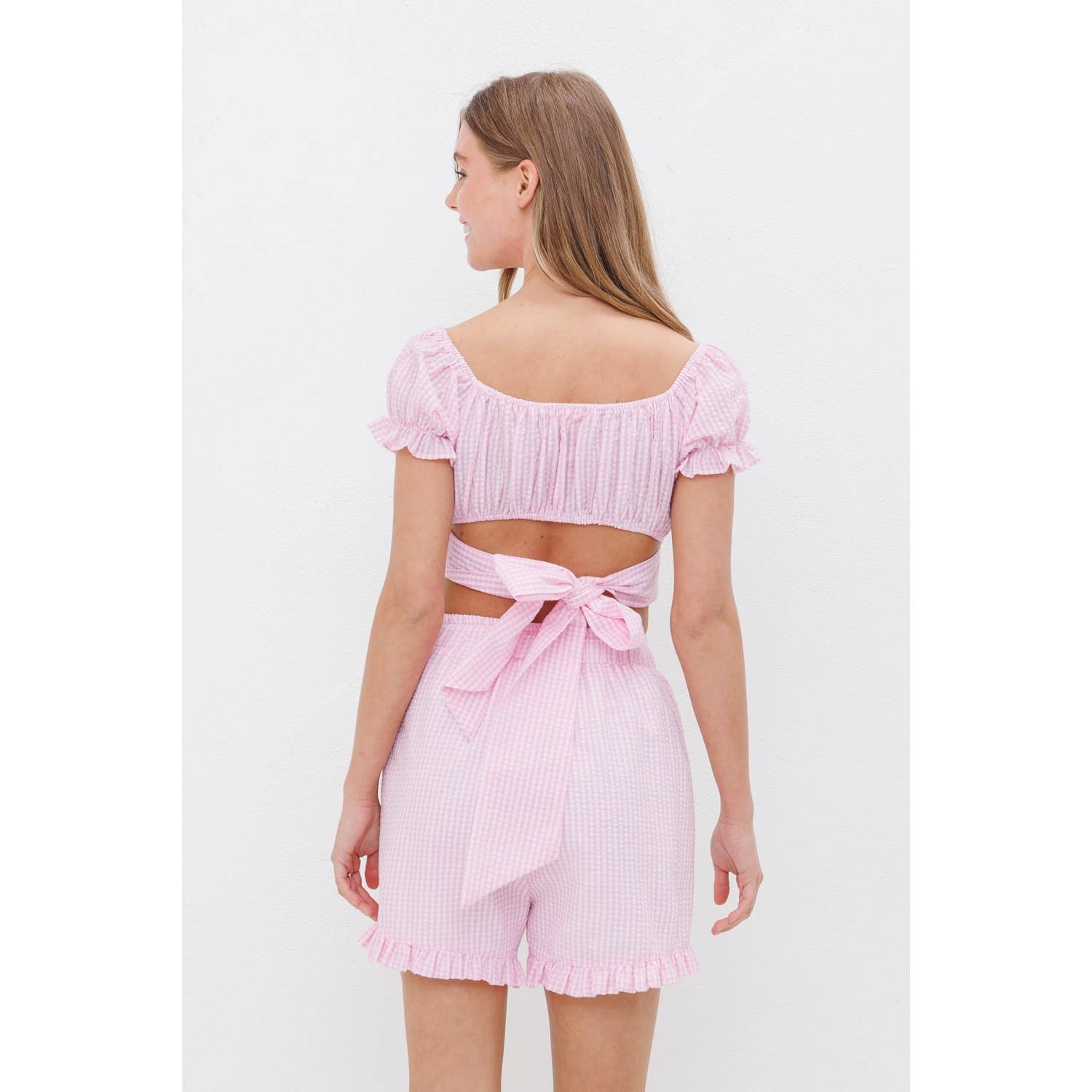 OFF SHOULDER PLEATED CROP TOP WITH BACK RIBBON TIE