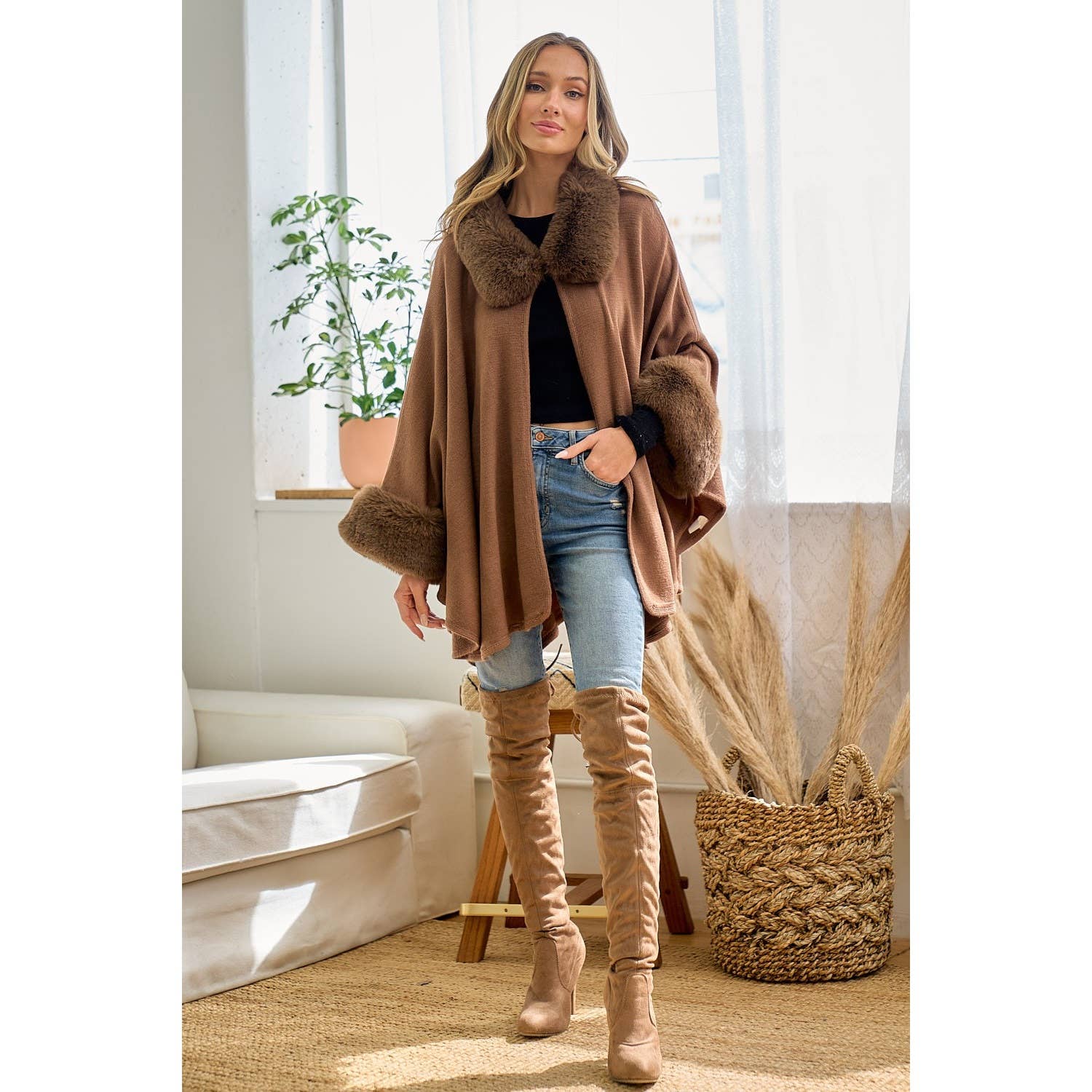 Solid Faux Fur Coat: MOCHA