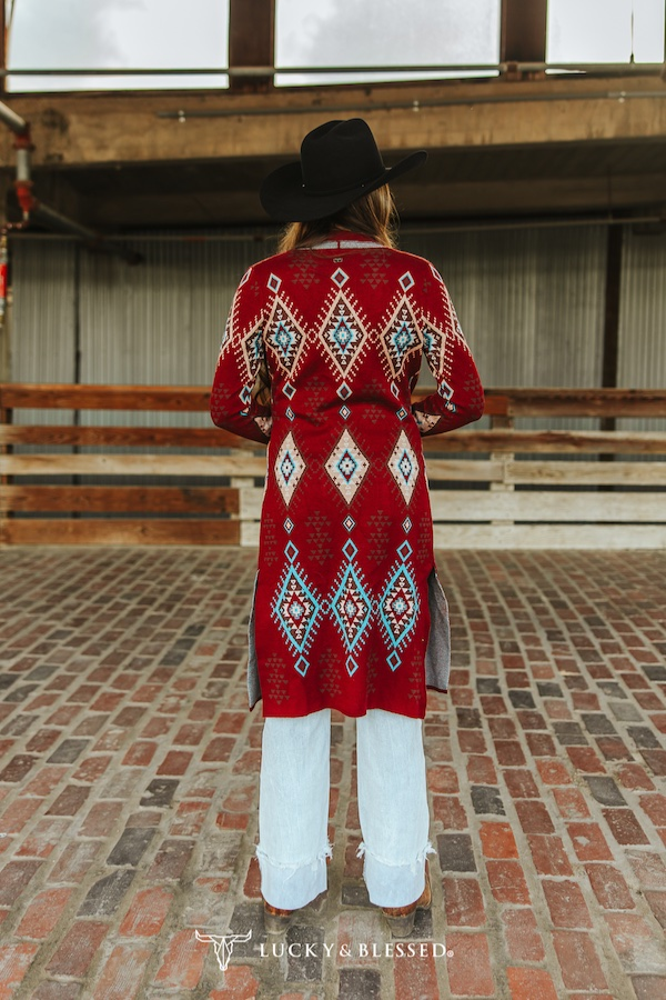 Plus Size Wine Aztec Long Sleeve Knitted Cardigan