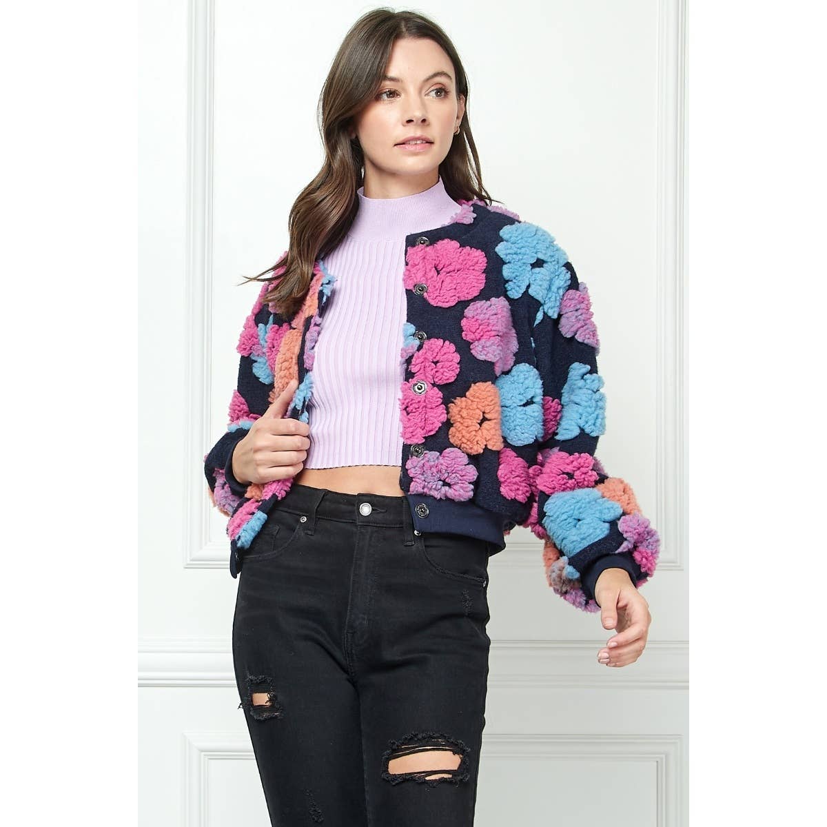 Felted Flower Puff Sleeve Button Jacket: Pink