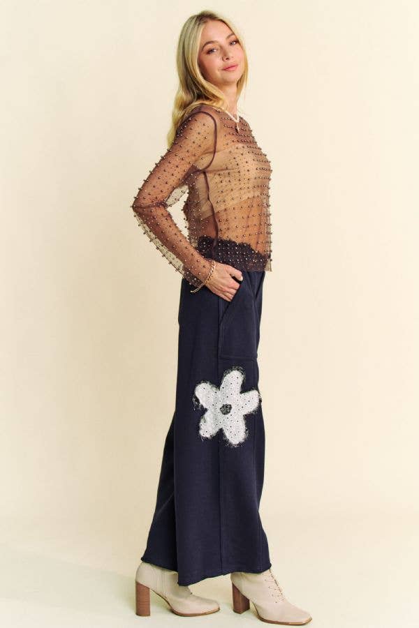 BEAD AND PEARL EMBELLISHED LONG SLEEVES MESH TOP