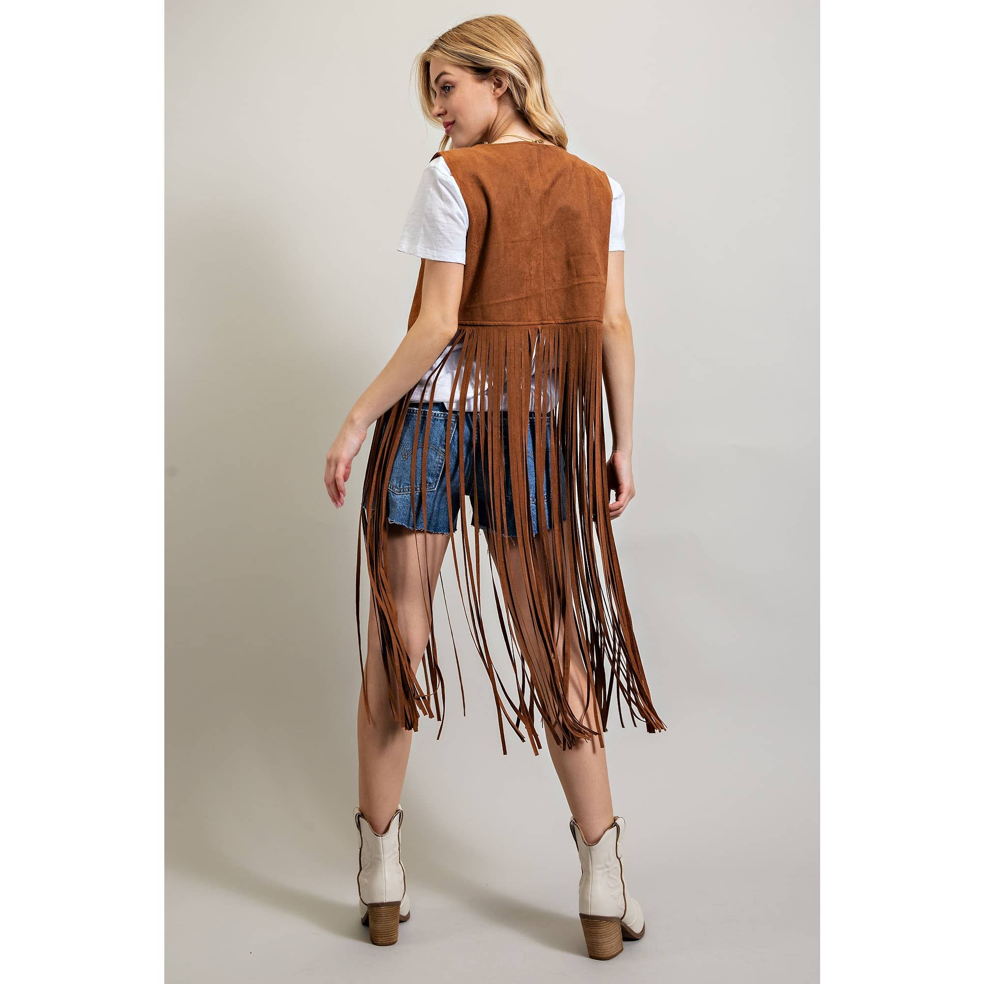 SUEDE STUDDED DETAIL FRINGE HEM VEST
