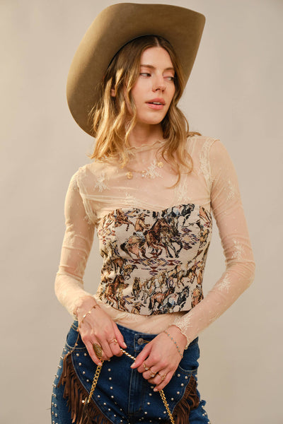 33158T - Horse Jacquard Lace-Up Corset Top: TAUPE MULTI