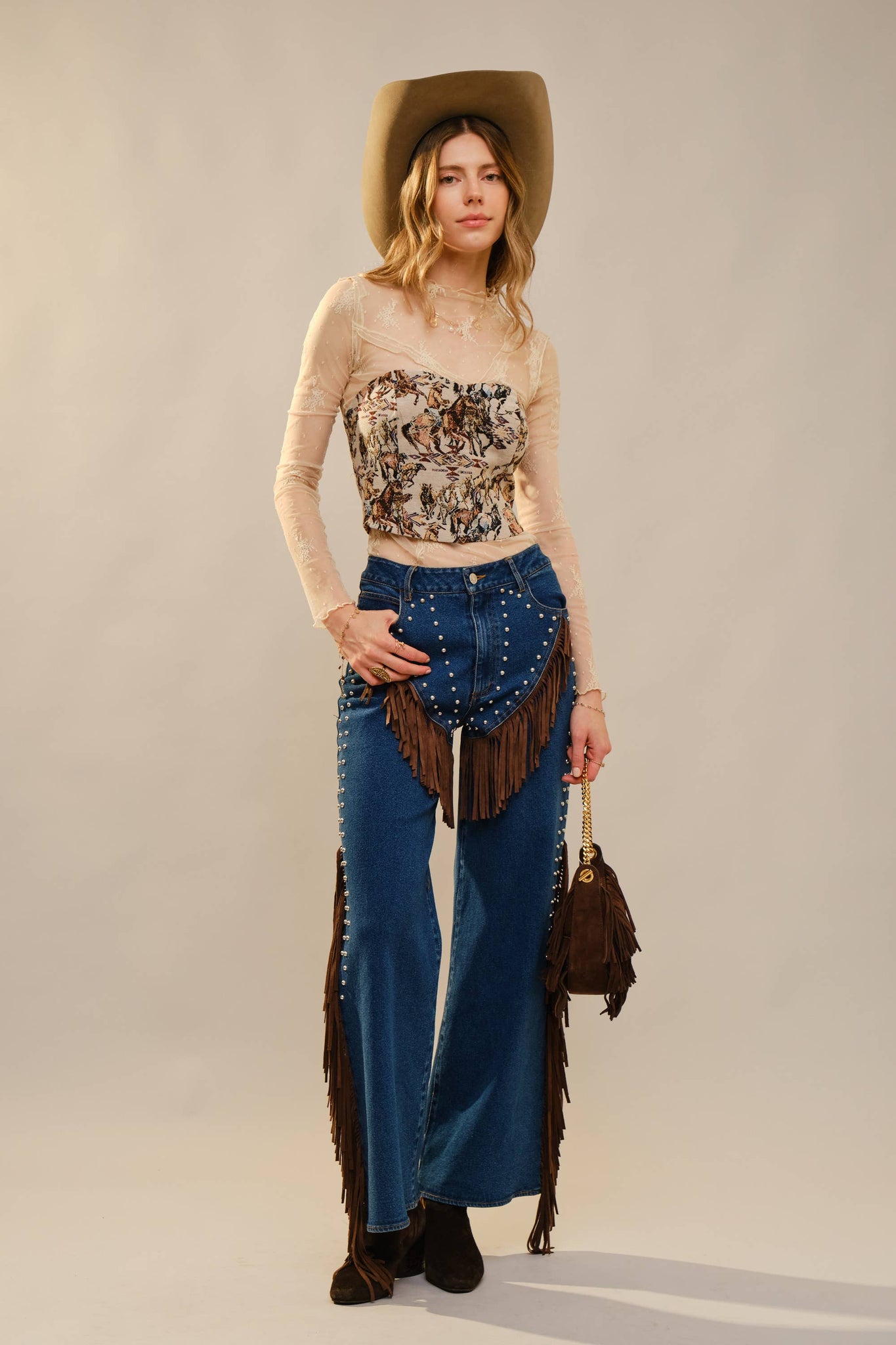 33158T - Horse Jacquard Lace-Up Corset Top: TAUPE MULTI