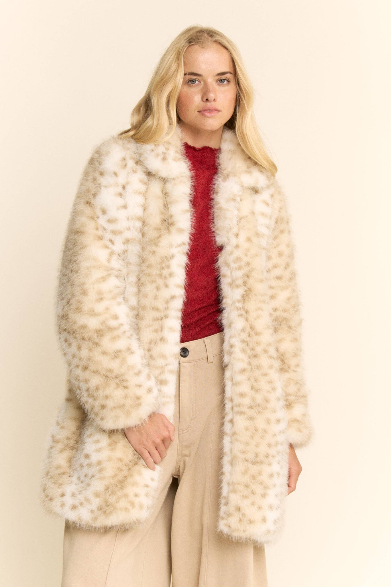 TRICOLOR FAUX FUR COAT: LEOPARD/TAUPE