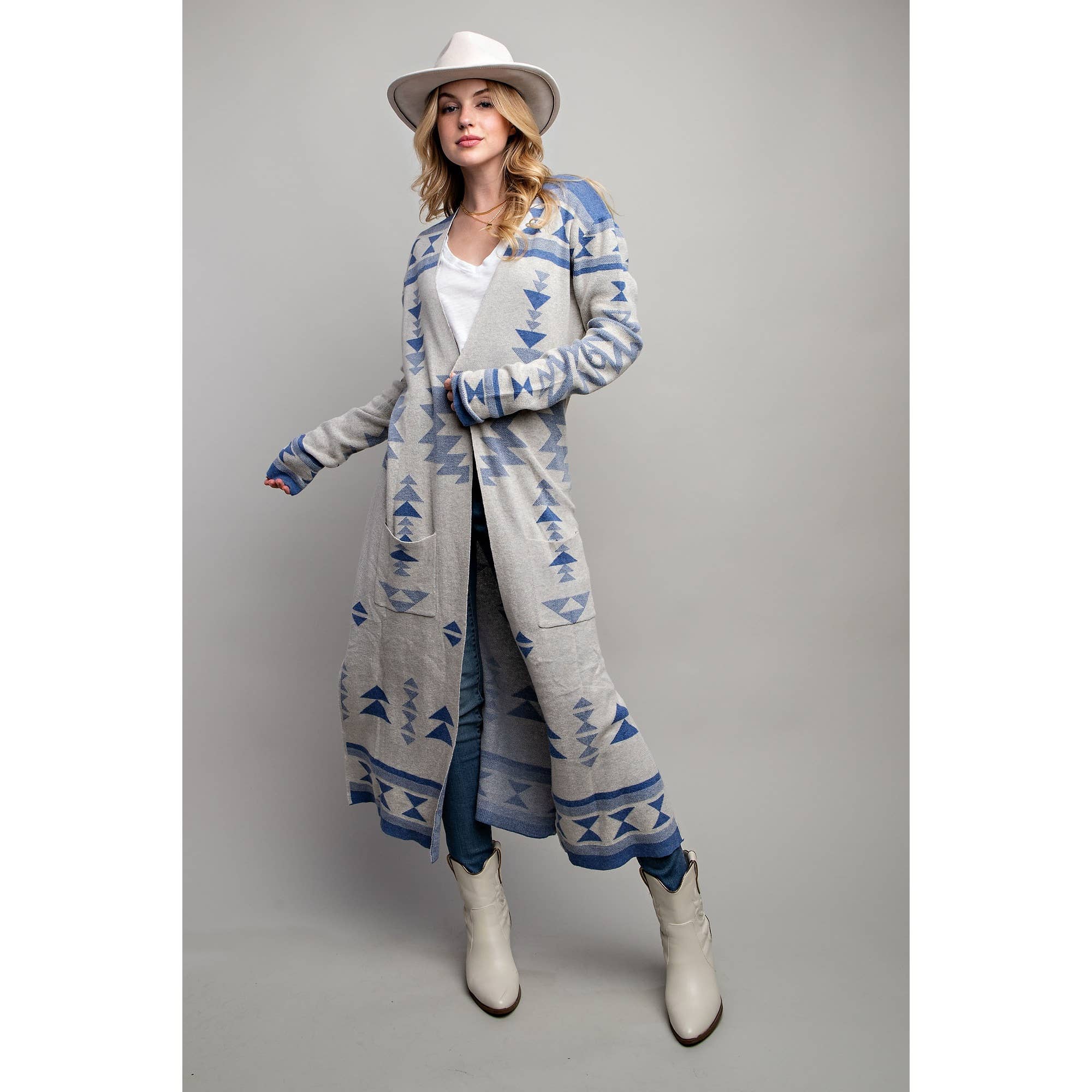 AZTEC PATTERN LONG CARDIGAN: Blue Multi