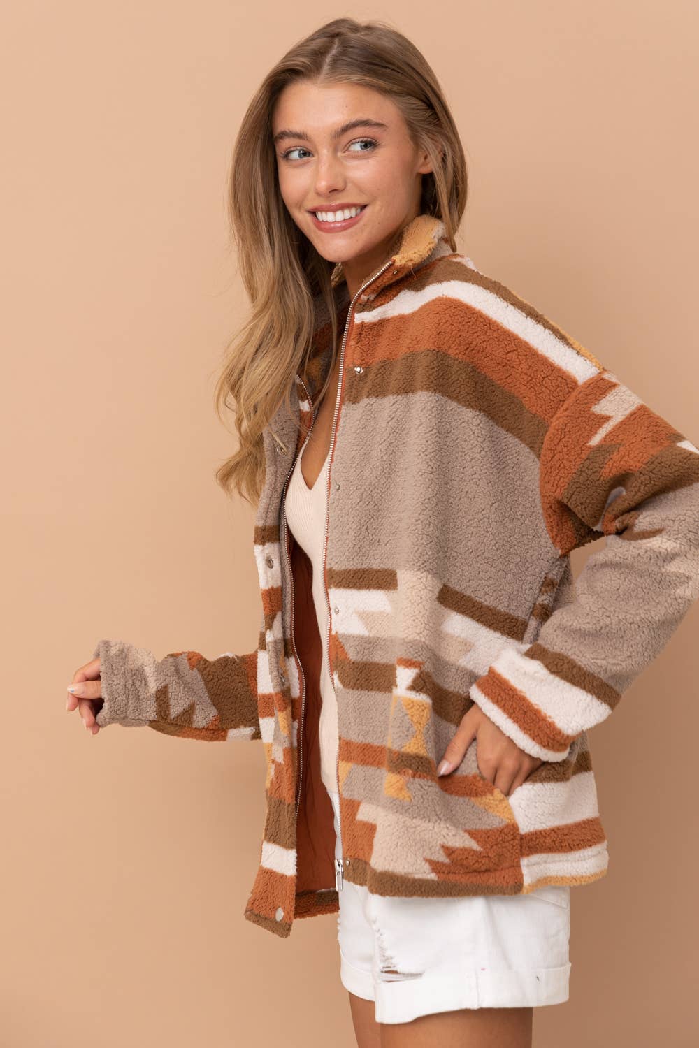 31851J - Aztec Soft Cozy Zip Up Lined Snap Up Jacket: SIENNA