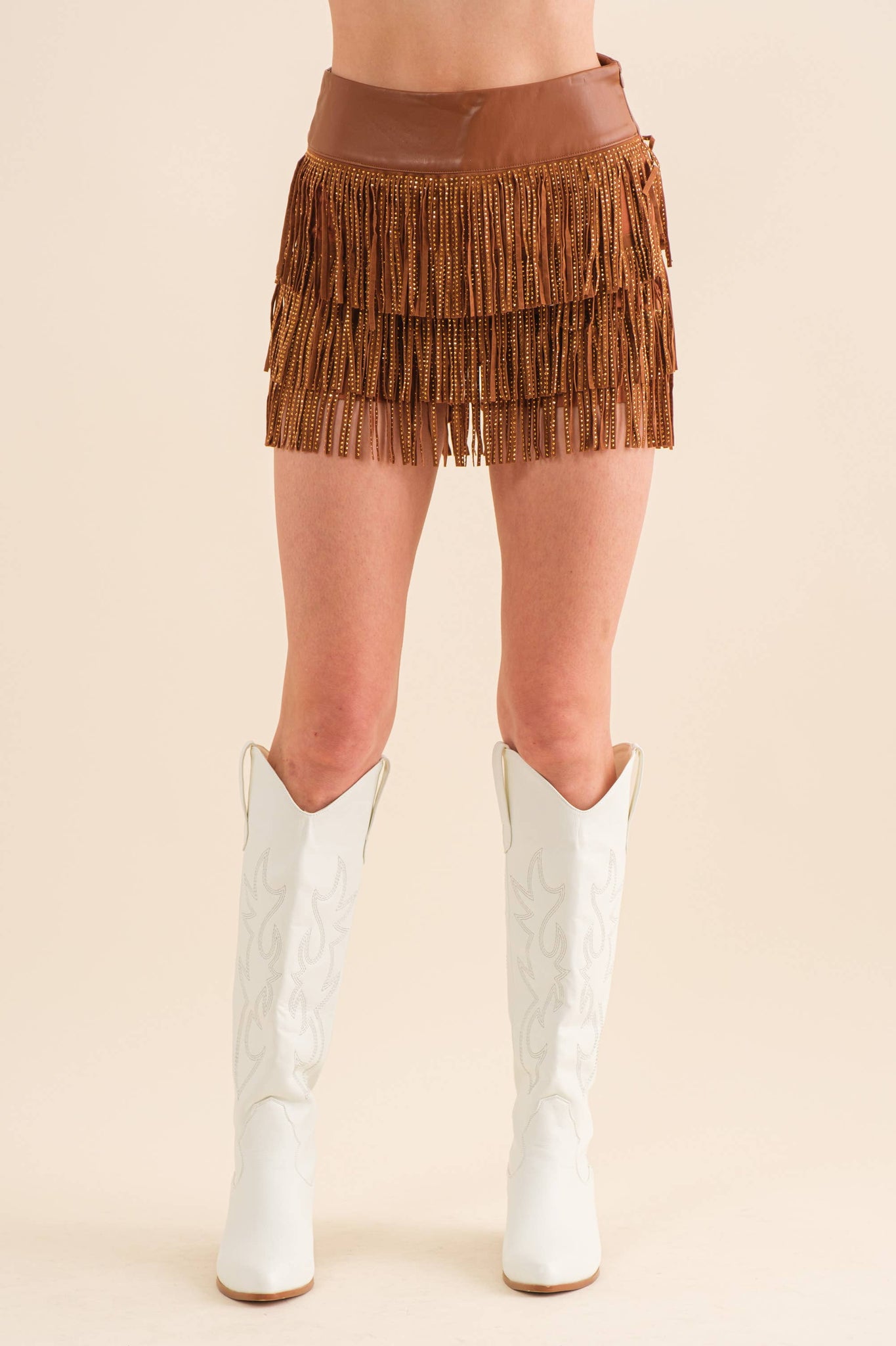 32933P - Wide Faux Leather Waist Tiered Fringe Studded Short: BROWN